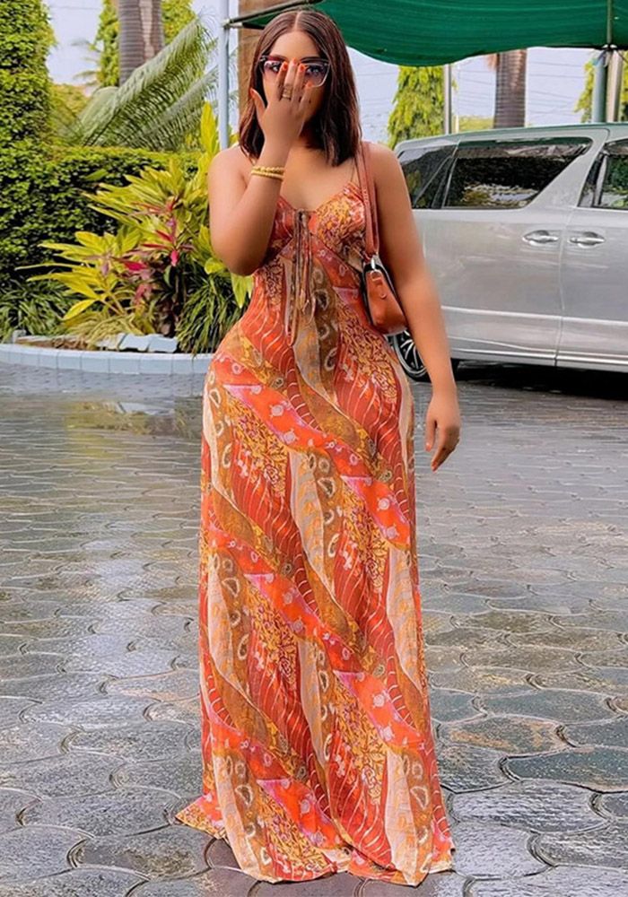 Robe Maxi de Vacances à Dos Nu Imprimée pour Femmes