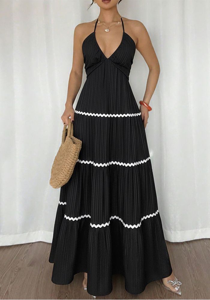 Robe Maxi à Bretelles Halter en Dentelle Patchwork pour Femmes