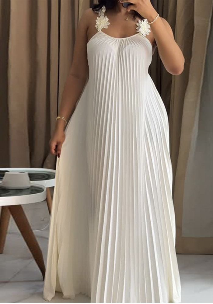 Robe Maxi Loose Plissée à Bretelles Chic Printemps Femme