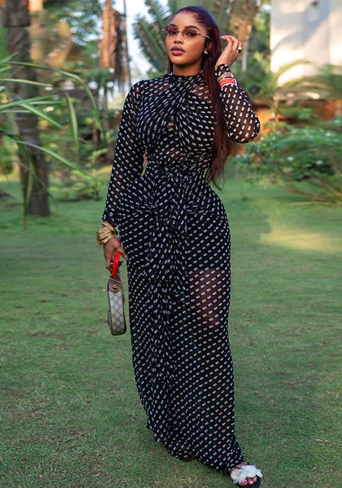 Robe Longue Bodycon à Col Roulé à Pois Chic pour Femmes