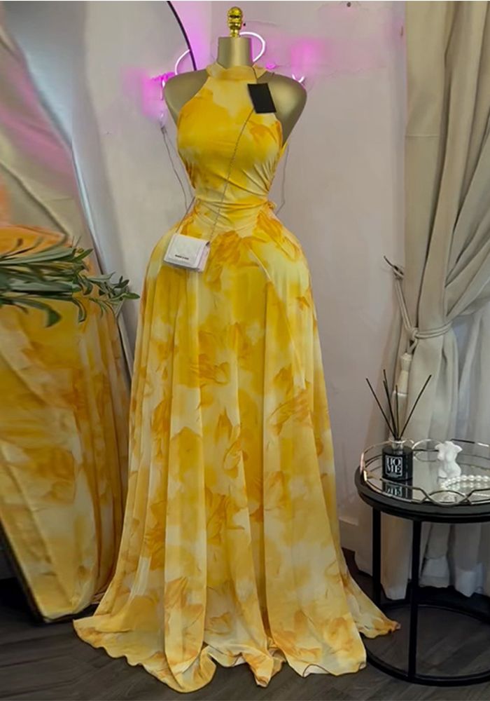 Robe Maxi Sans Manches Imprimée à Col Montant pour Femmes Printemps
