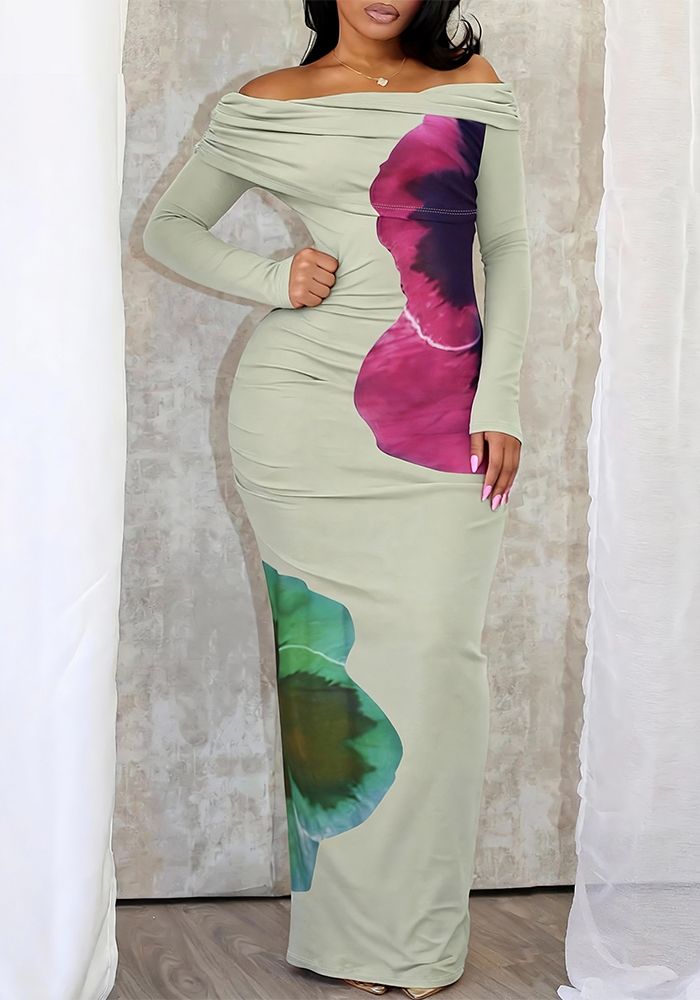 Robe Maxi Imprimée Femme à Manches Longues Décolletée