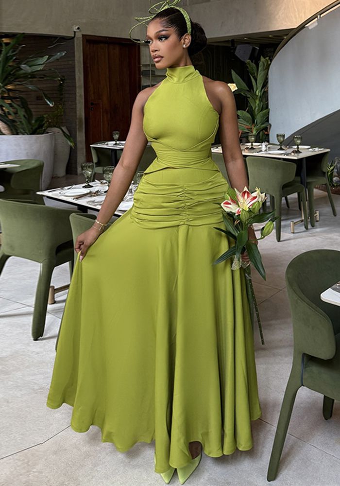 Robe Gown à Encolure Halter Slim Taille Froncée Couleur Unie pour Femme Printemps
