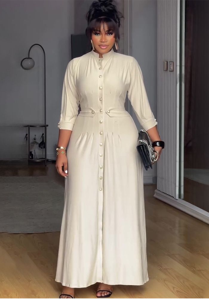 Robe Maxi Beige Élégante pour Femmes en Automne avec Col Montant