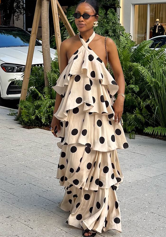 Robe à Volants Cascadants à Pois pour Femmes en Automne avec Col Halter et Dos Nu