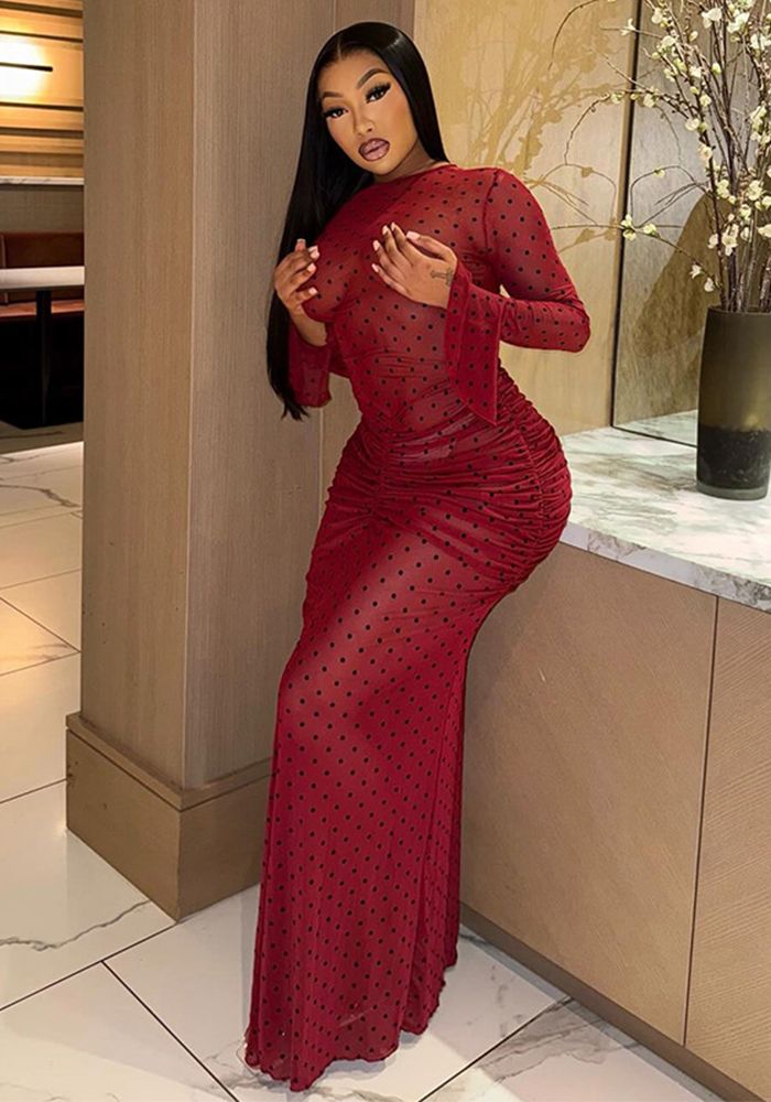 Robe Bodycon Formelle à Manches Longues à Col Rond en Tissu Plissé Imprimé à Pois pour Femmes