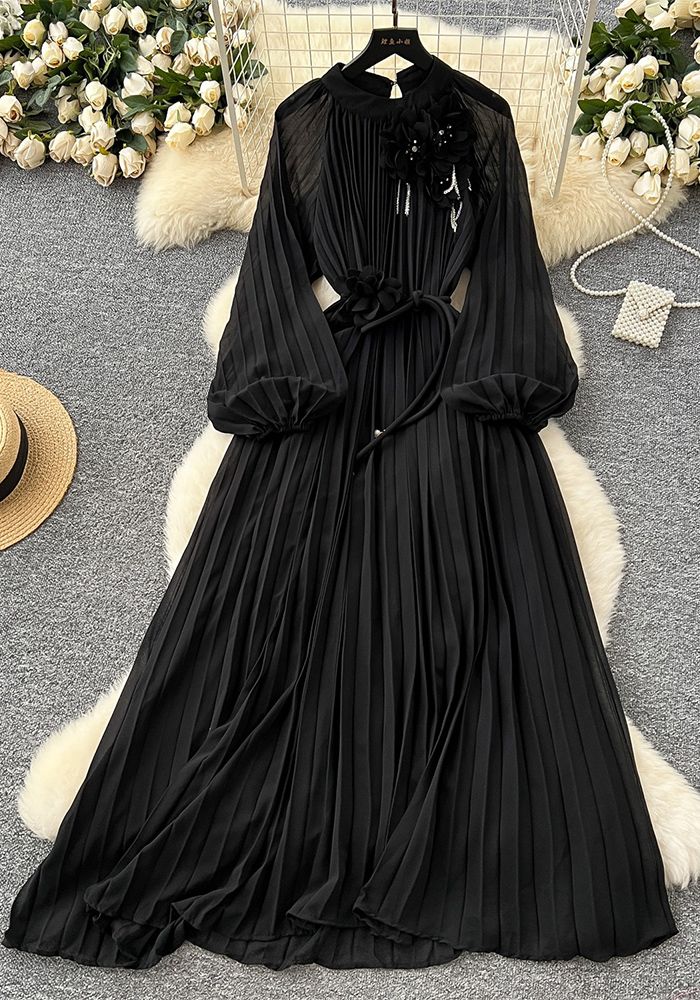 Robe Maxi Plissée à Lacets Florale Éléganter en Perles pour Femmes