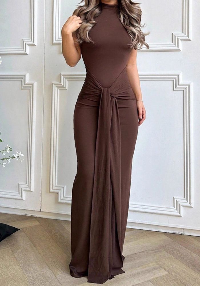 Robe longue sans manches à col montant, taille slim, lacée, plissée et taille haute