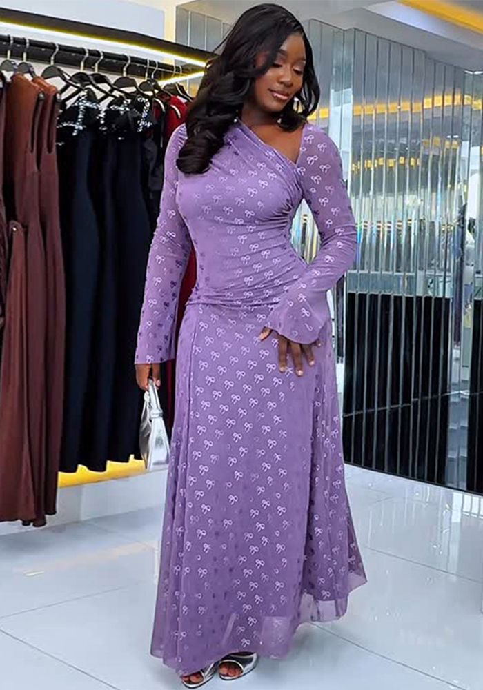 Robe Imprimée Longue à Manches Longues avec Épaule Dégagée pour Femmes en Automne