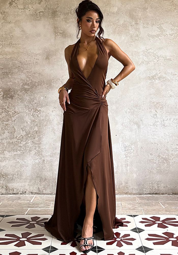 Robe Bodycon à Col V Profond Halter A-Line à Volants pour Femmes en Automne