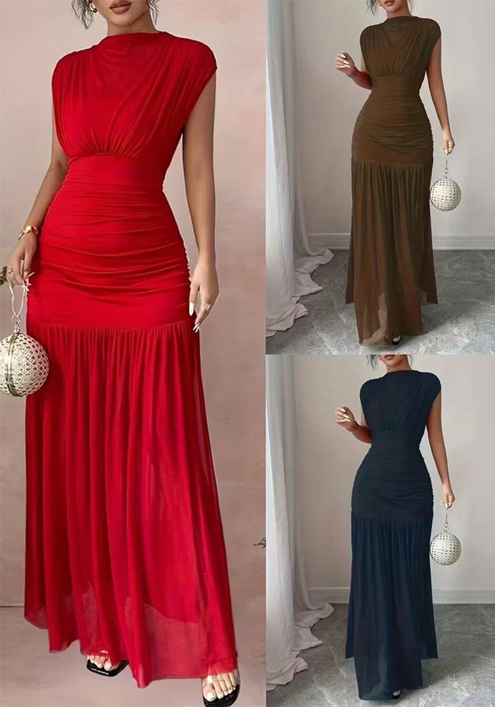 Robe Longue Élégante Plissée à Taille Fine Unie pour Femme