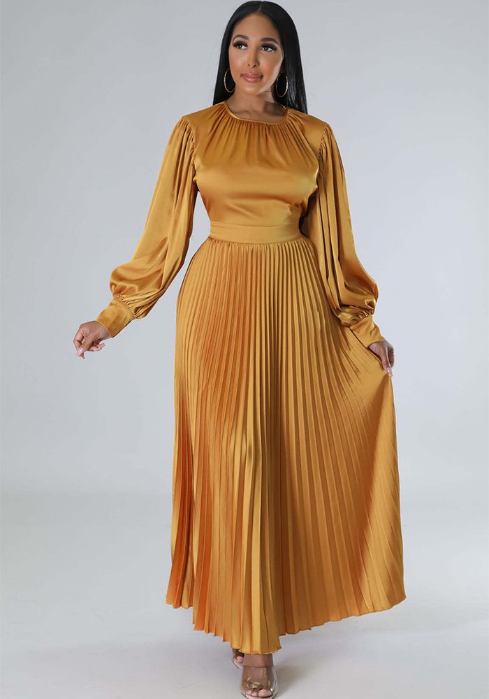 Robe plissée à manches longues et col rond unie pour femmes en automne