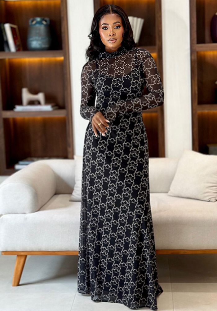 Robe imprimée A-Line à col haut à manches longues pour femmes
