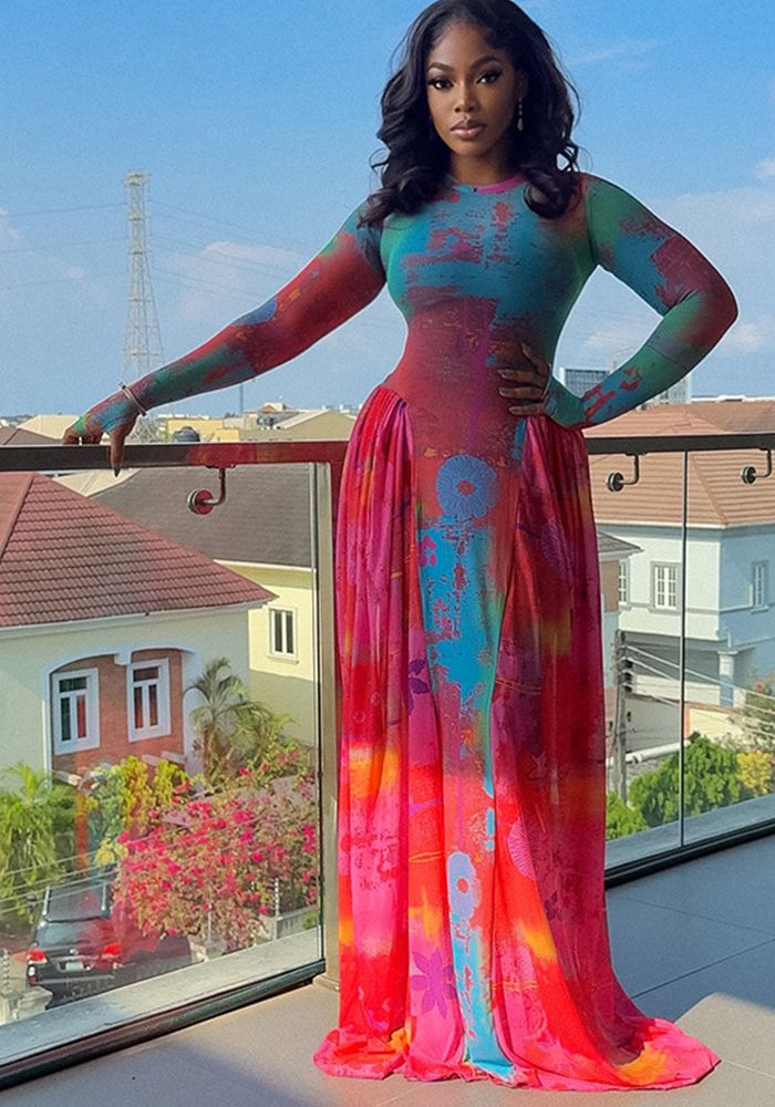 Robe Longue à Manches Longues à Col Rond en Patchwork pour Femmes