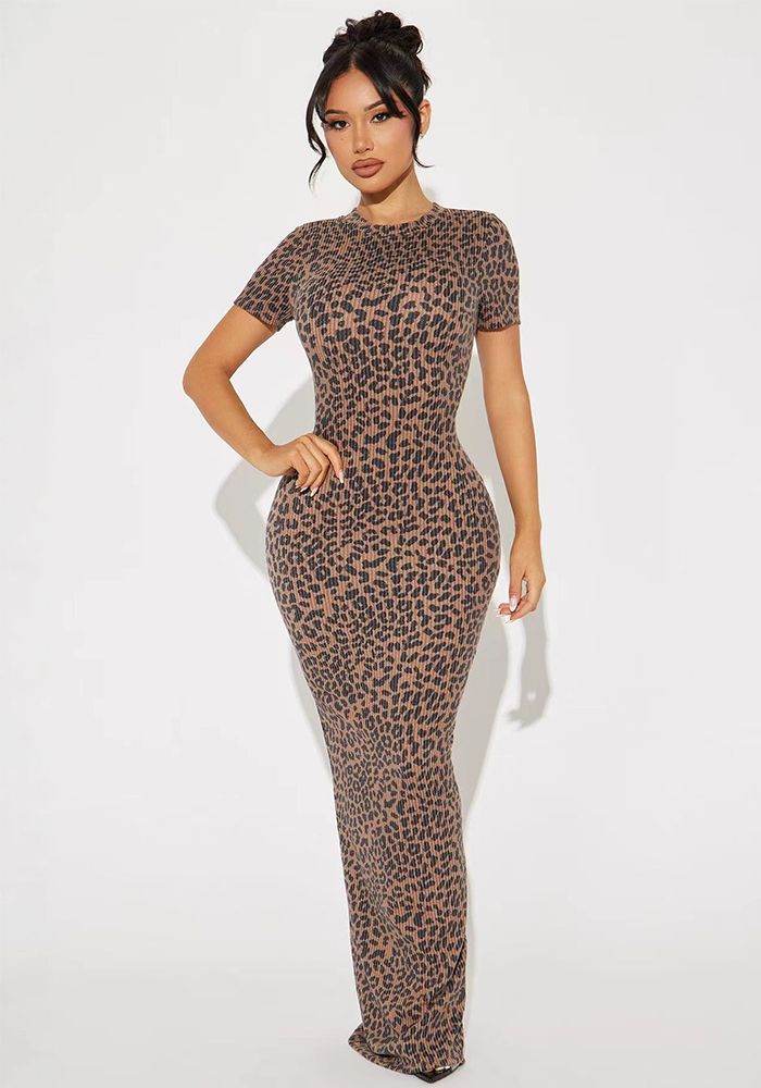 Robe Longue Slim à Manches Courtes en Imprimé Léopard pour Femme