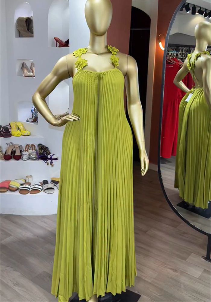 Robe d'Automne Femme Douce Fraîche Bretelles Dos Nu Plissée Longue