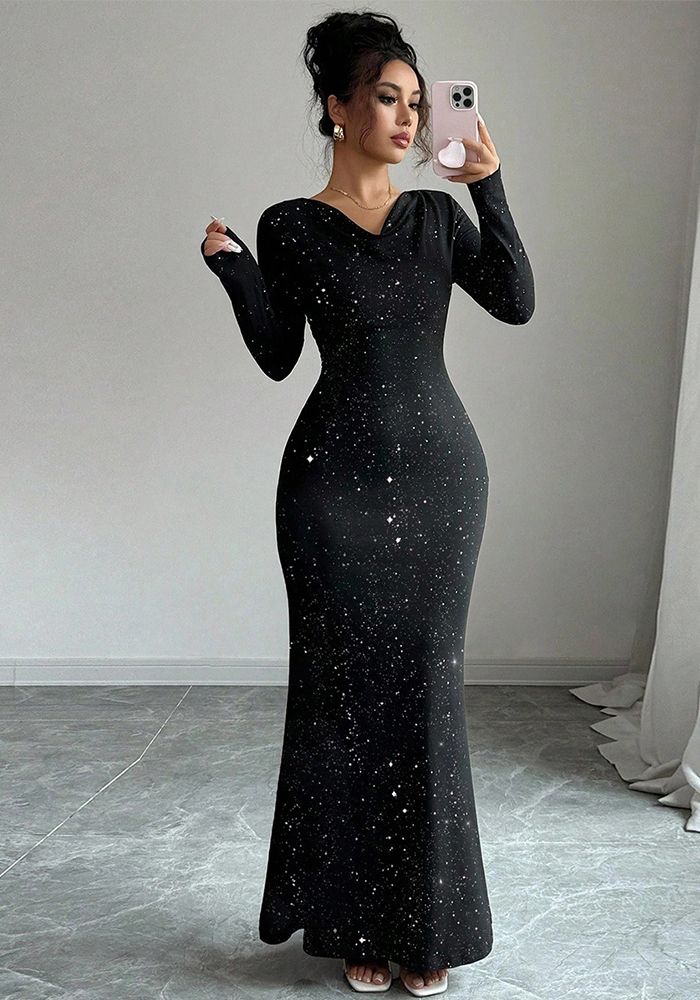 Robe Sirène Longue à Manches Longues et Col Bateau Brillante pour Femmes en Automne