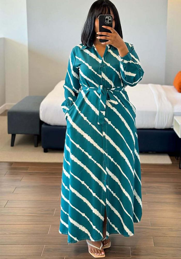 Robe Maxi à Rayures Diagonales à Manches Longues pour Femmes Africaines Grande Taille