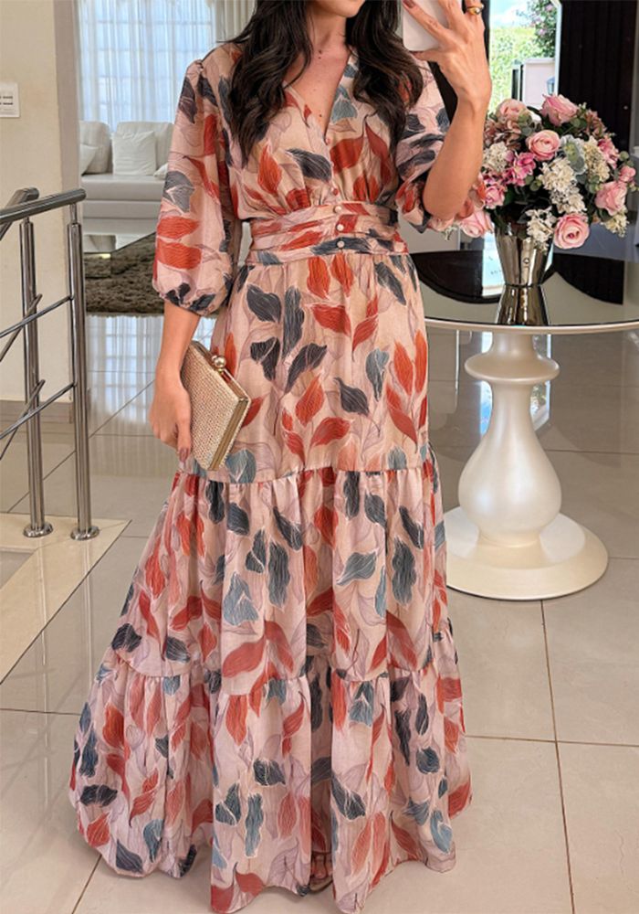 Robe Maxi Imprimée à Manches Bouffantes et Col V pour Femmes