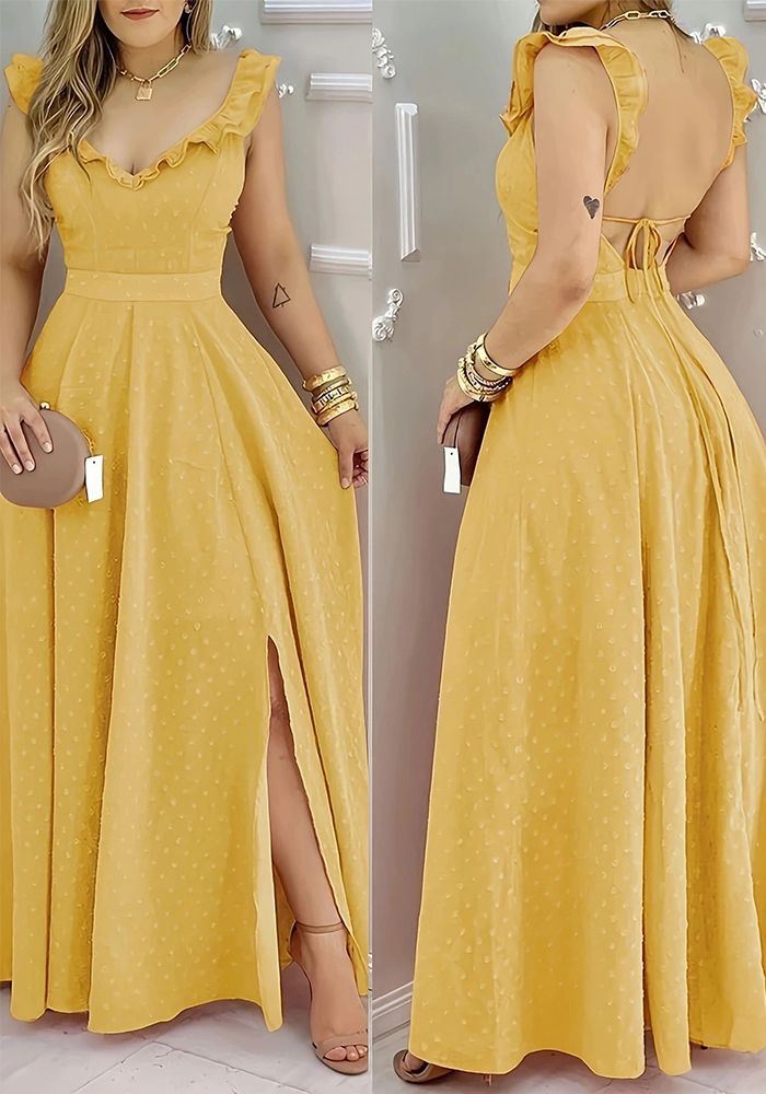 Robe Maxi D'été Femme Unie à Col V Dos Nu