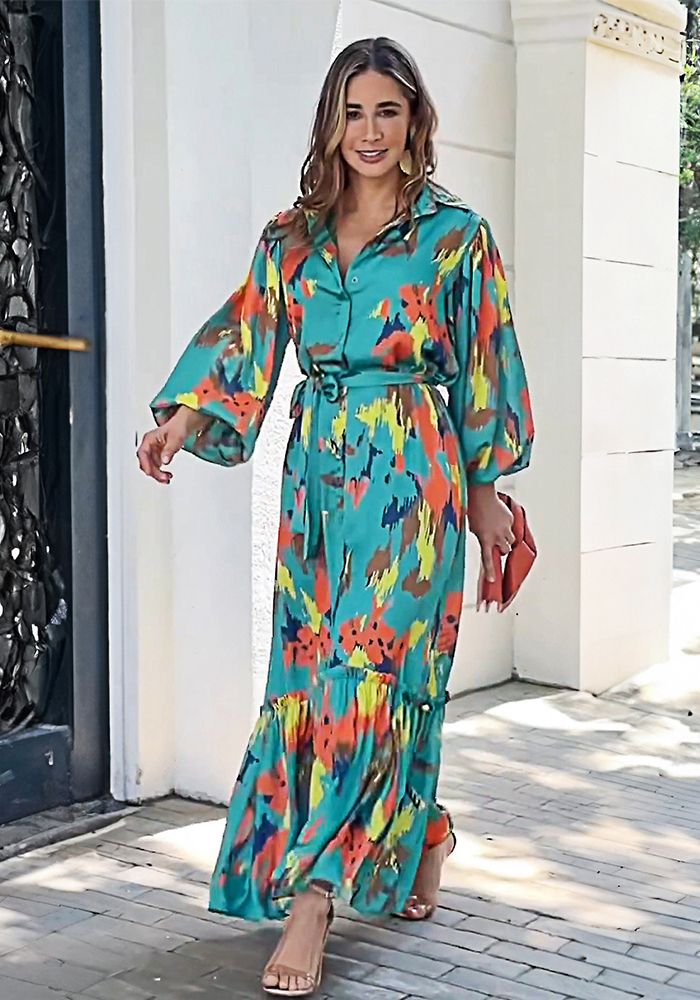 Robe Maxi à Col Rabattu Imprimée pour Femmes