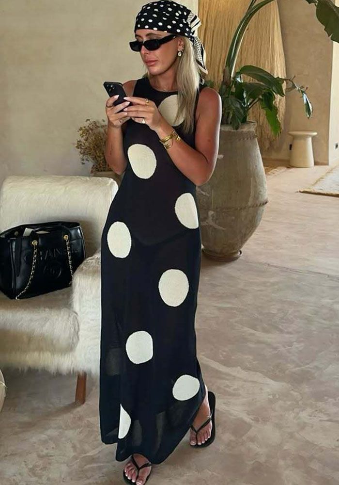 Robe Maxi Transparente Boho à Pois Casual Tricot Automne/Hiver pour Femmes