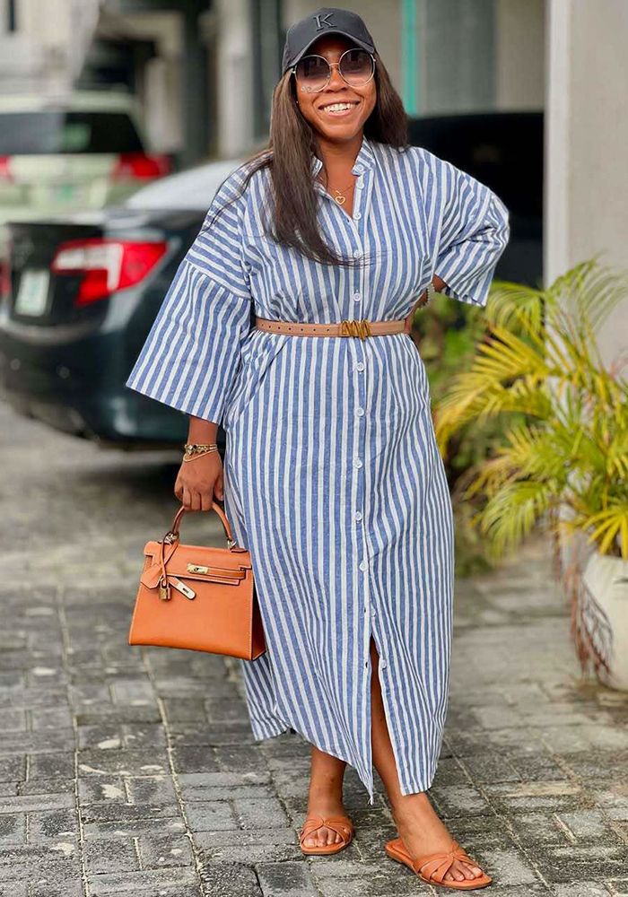 Robe décontractée africaine à col rabattu rayé grande taille pour femmes