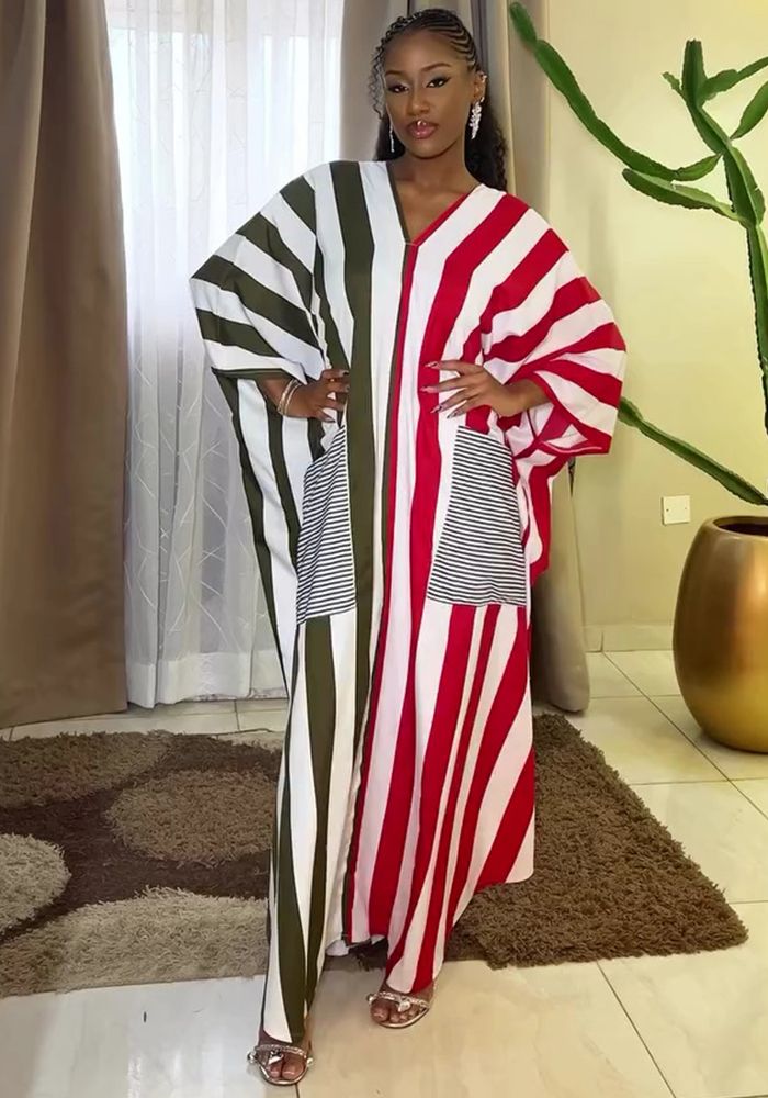 Robe Africaine à Poche Rayée à Manches Longues V-Neck Grande Taille Femme