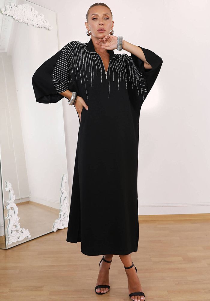 Robe Maxi Noire à Fente en Strass avec Col Montant pour Femmes en Automne