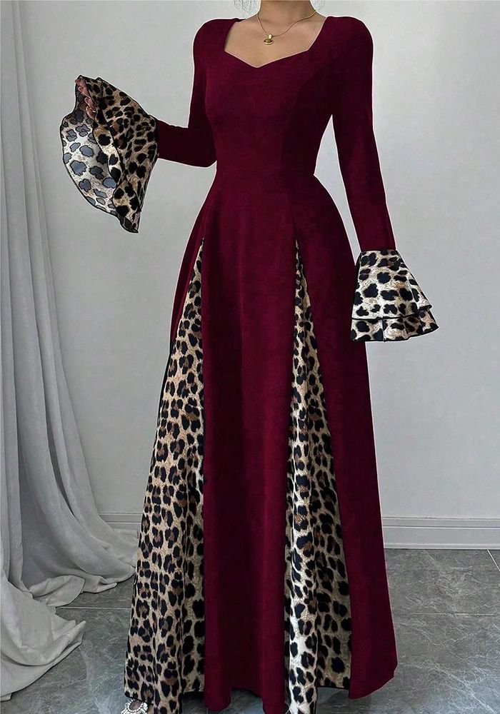 Robe Femme Automne/Hiver Imprimé Léopard Couleur Bloc Manches Évasées