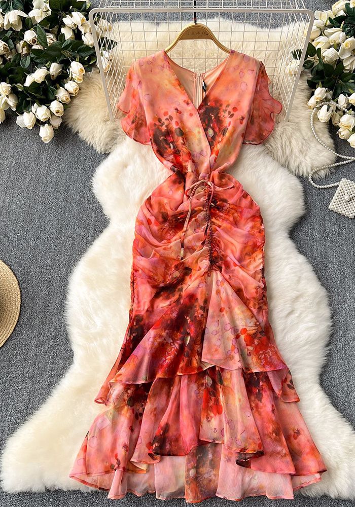 Robe Sirène Bodycon Imprimée à Taille Fine avec Volants et Cordon de Serrage pour Femmes