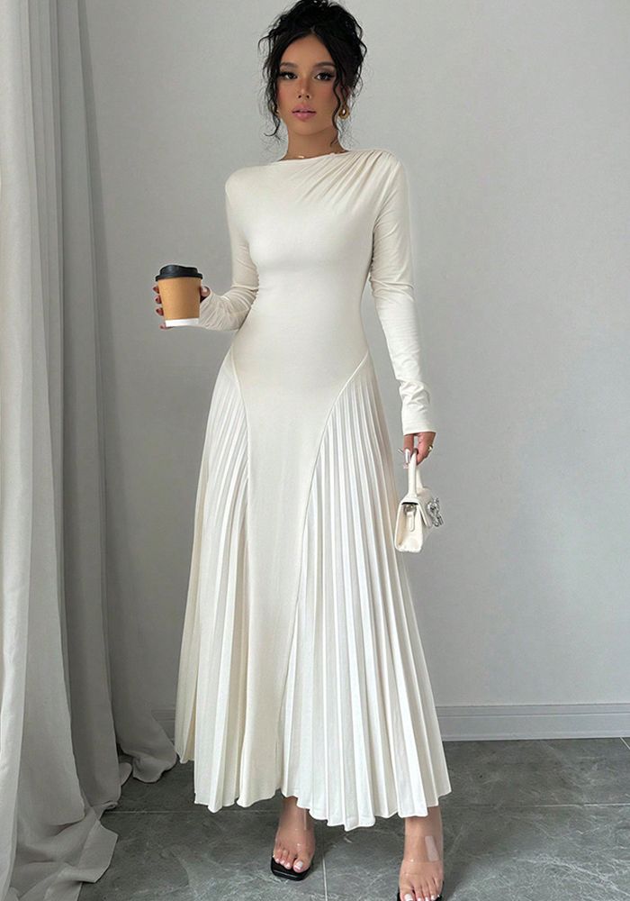 Robe Maxi Élegante Plissée à Manches Longues en Tricot pour Femmes