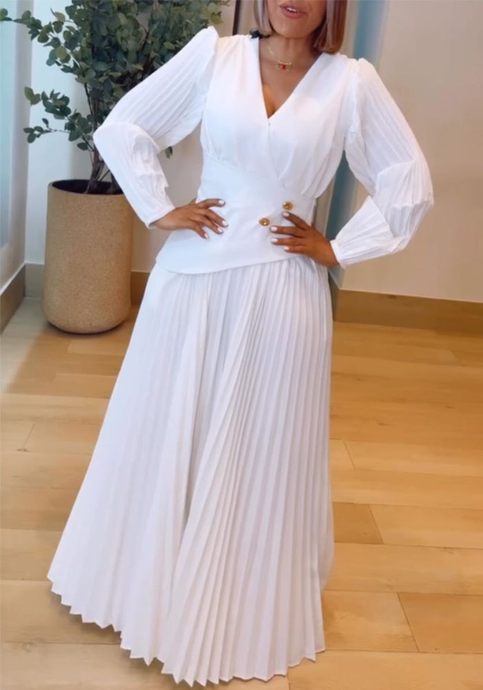 Robe Casual à Manches Bouffantes en V avec Pli et Bouton en Patchwork pour Femmes
