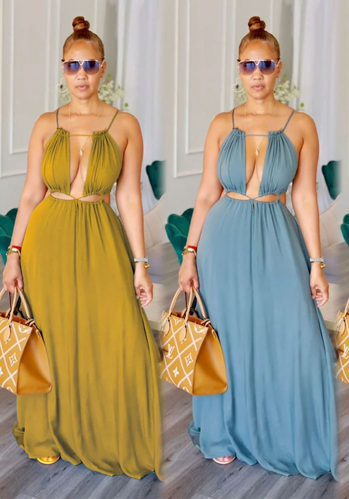 Robe Maxi Solide Sans Manches Femme Dos Nu Découpé