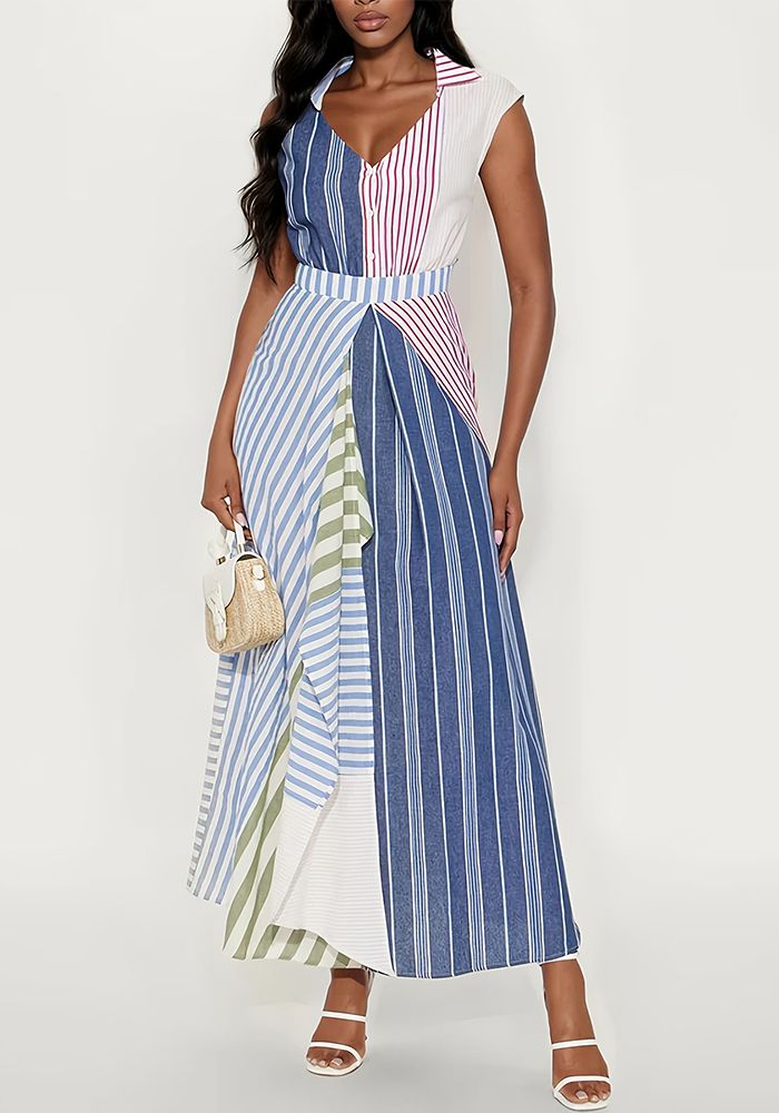 Robe Femme Style Color Block Patchwork Rayée à Col V Slim Taille