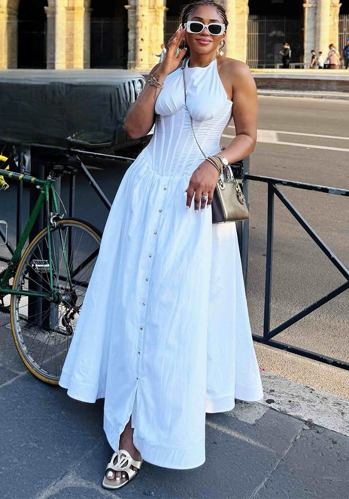 Robe Maxi Blanche à Boutons Frontaux Slim Taille Femme Chic Africain