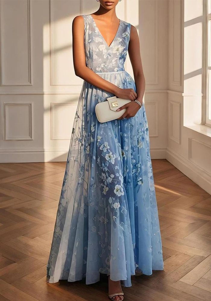 Robe Maxi Élégante Imprimée Sans Manches pour Femmes