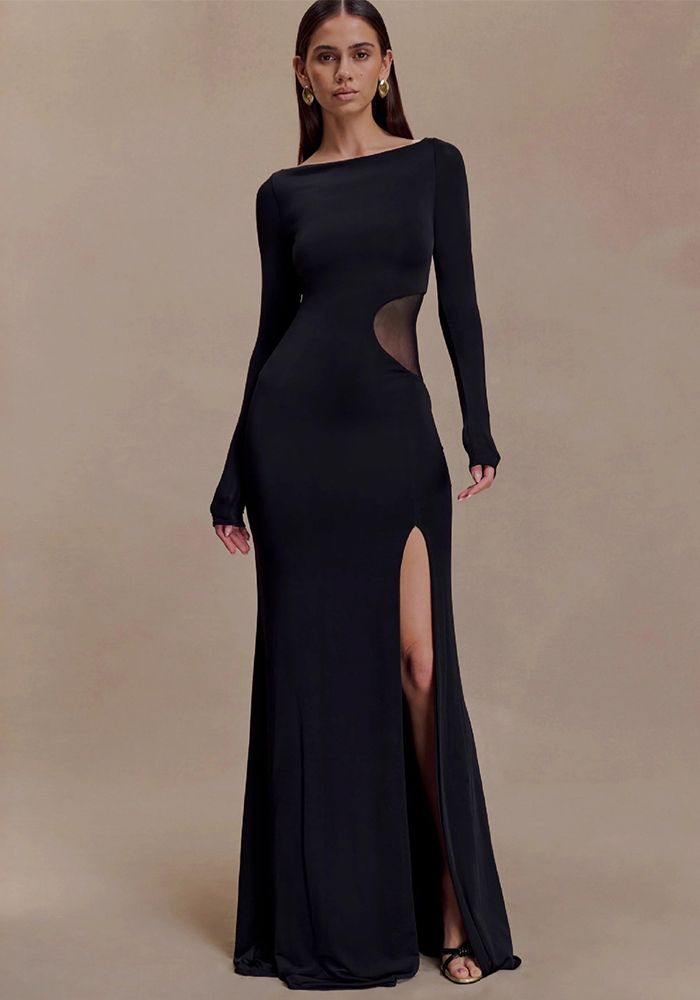 Robe Longue à Manches Longues avec Découpes Transparentes et Fente pour Femmes