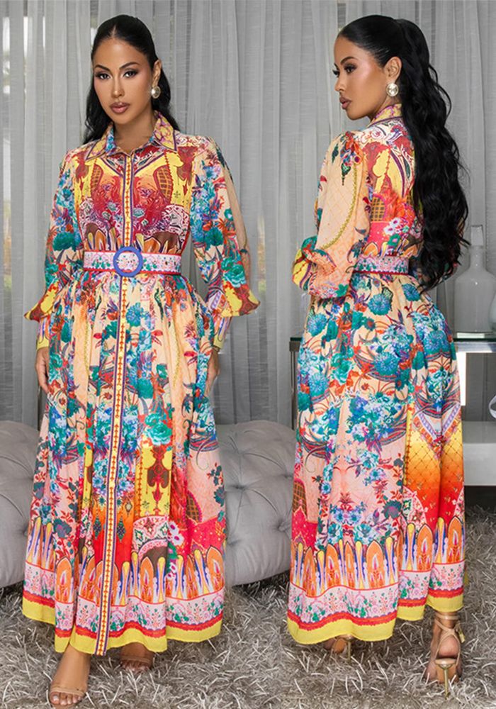 Robe décontractée à col rabattu et manches lanternes pour femmes en automne avec imprimé peinture et taille slim