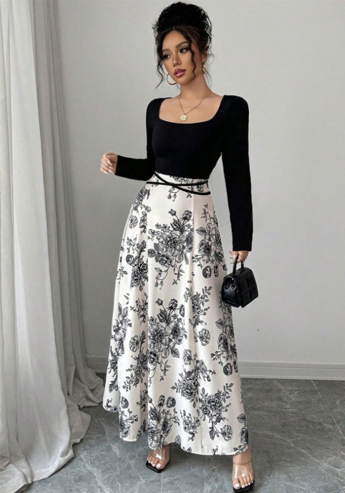 Robe Femme Élégante Imprimé Floral Col Carré Patchwork Avec Ceinture