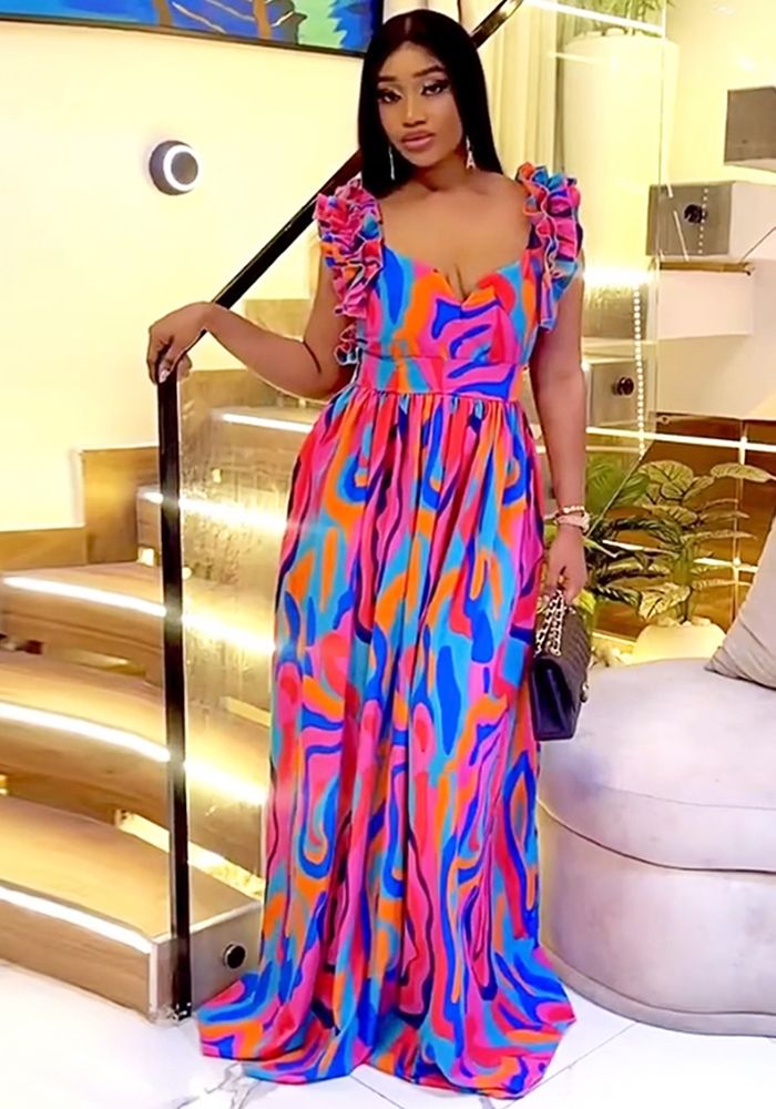 Robe imprimée à bretelles à volants élégante pour femmes