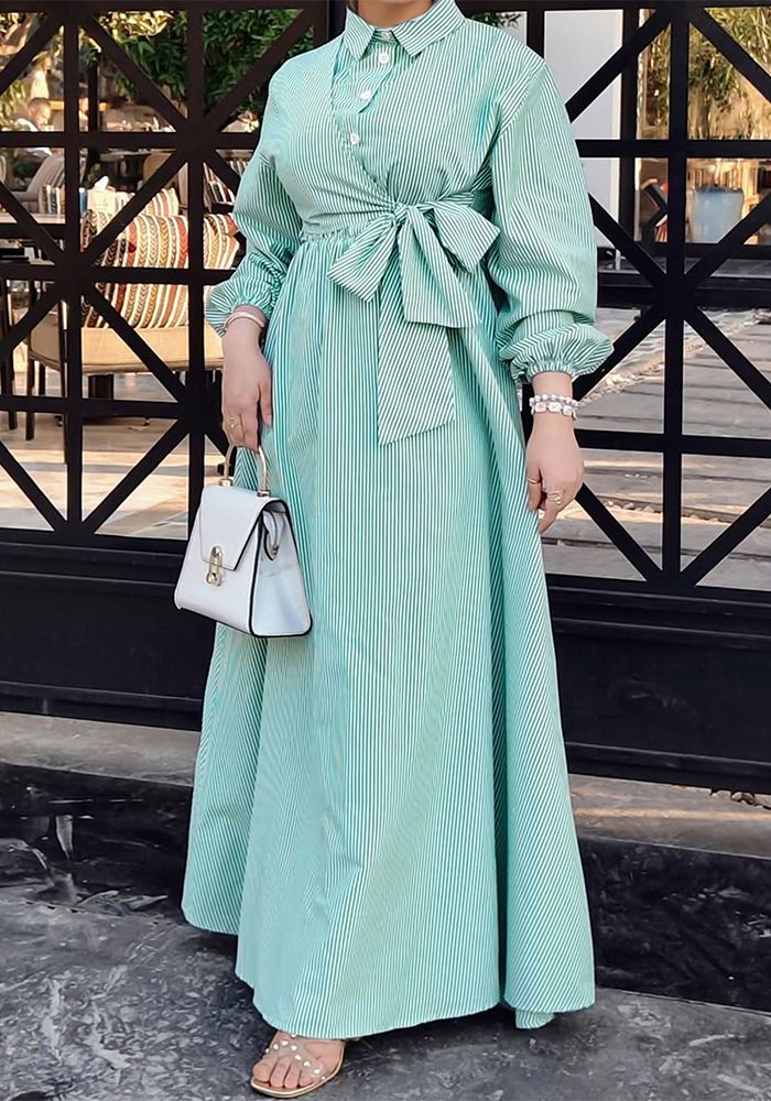 Robe Longue Ceinturée Élégante à Col Rabattu à Rayures à Manches Longues pour Femme