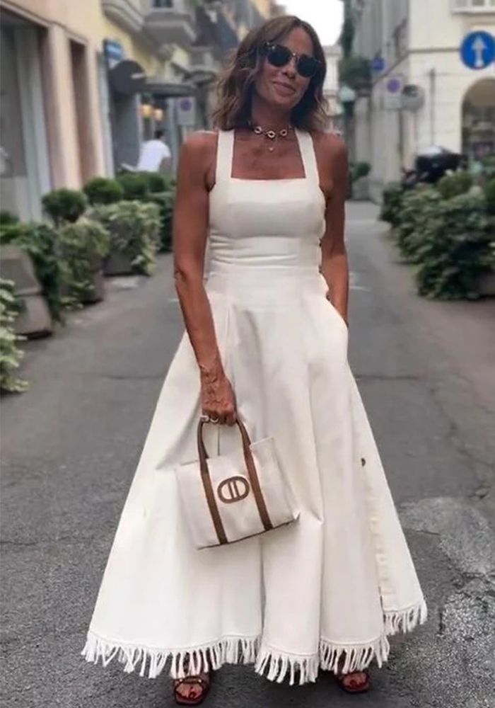 Robe Blanche à Fente Frangée Bohème pour Femme