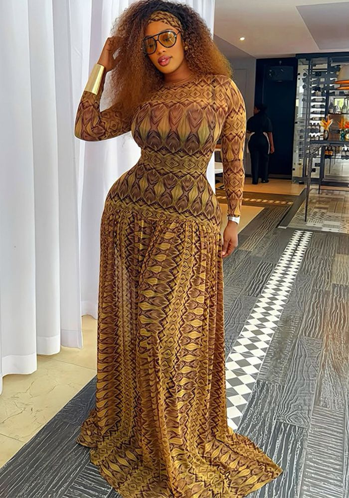 Robe A-Line élégante pour femmes à taille fine semi-transparente imprimée à col rond et manches longues