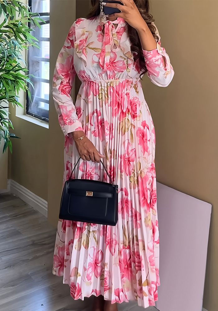 Robe plissée à manches longues imprimée élégante pour femmes