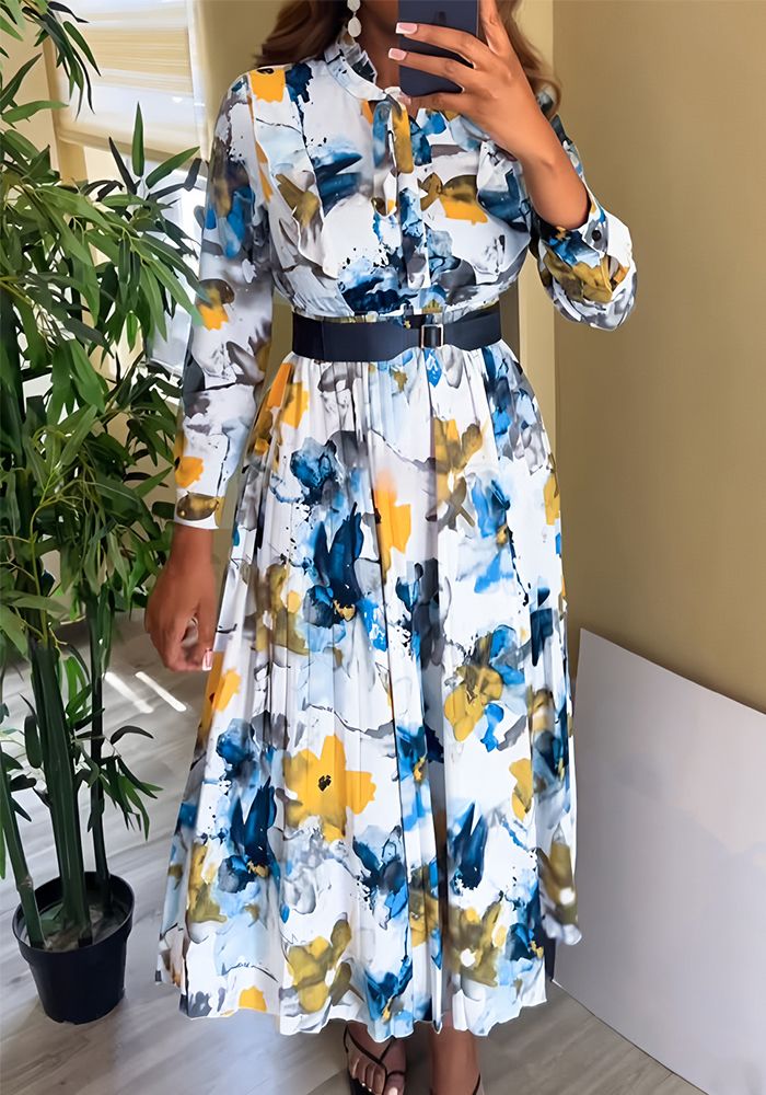Robe A-Line Élégante à Manches Longues avec Imprimé et Taille Slim en V