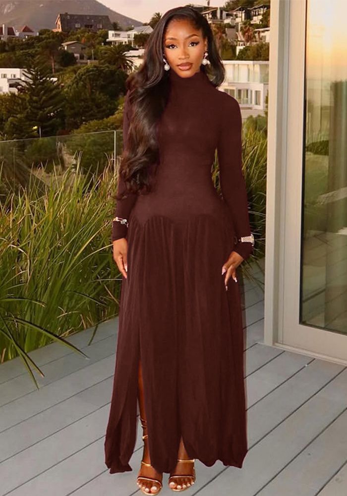 Robe Bodycon Élegante à Col Montant Longue à Manches pour Femmes