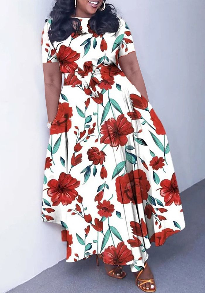 Robe A-Line à Manches Courtes Plus Size Africaine Chic avec Ceinture pour Femme