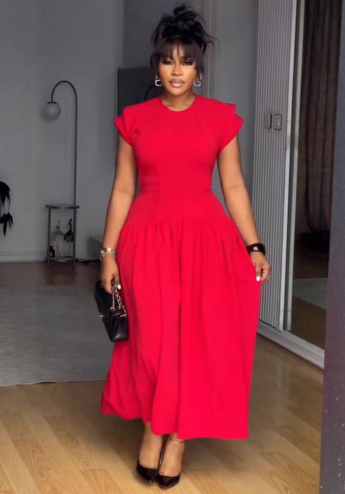 Robe Midi Élégante de Carrière à Taille Slim avec Volants et Manches Flutter