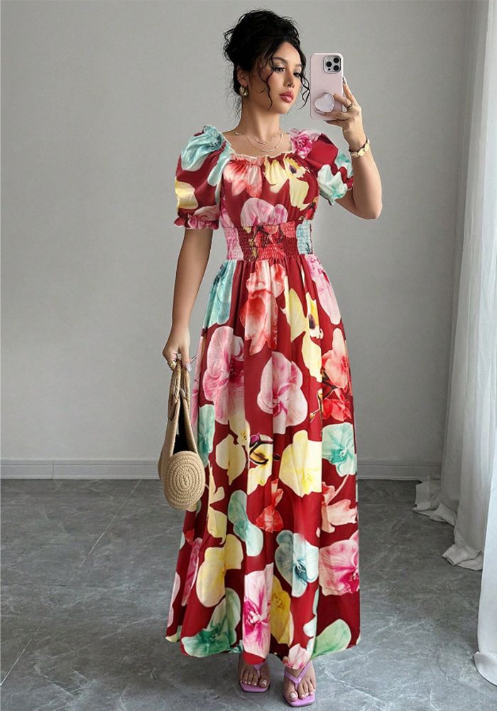 Robe à Bretelles Imprimée à Manches Bouffantes pour Femmes en Été